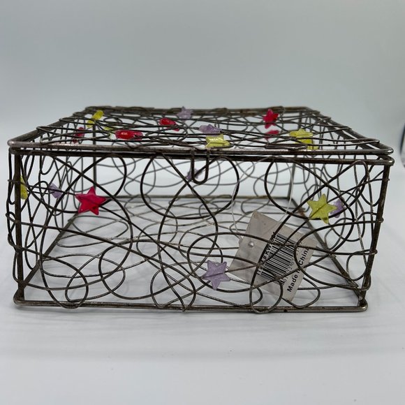 Metal Wire Trinket Organizer Box 7.25" x 7.25" x 3.5" Black Colorful Stars - Picture 3 of 8